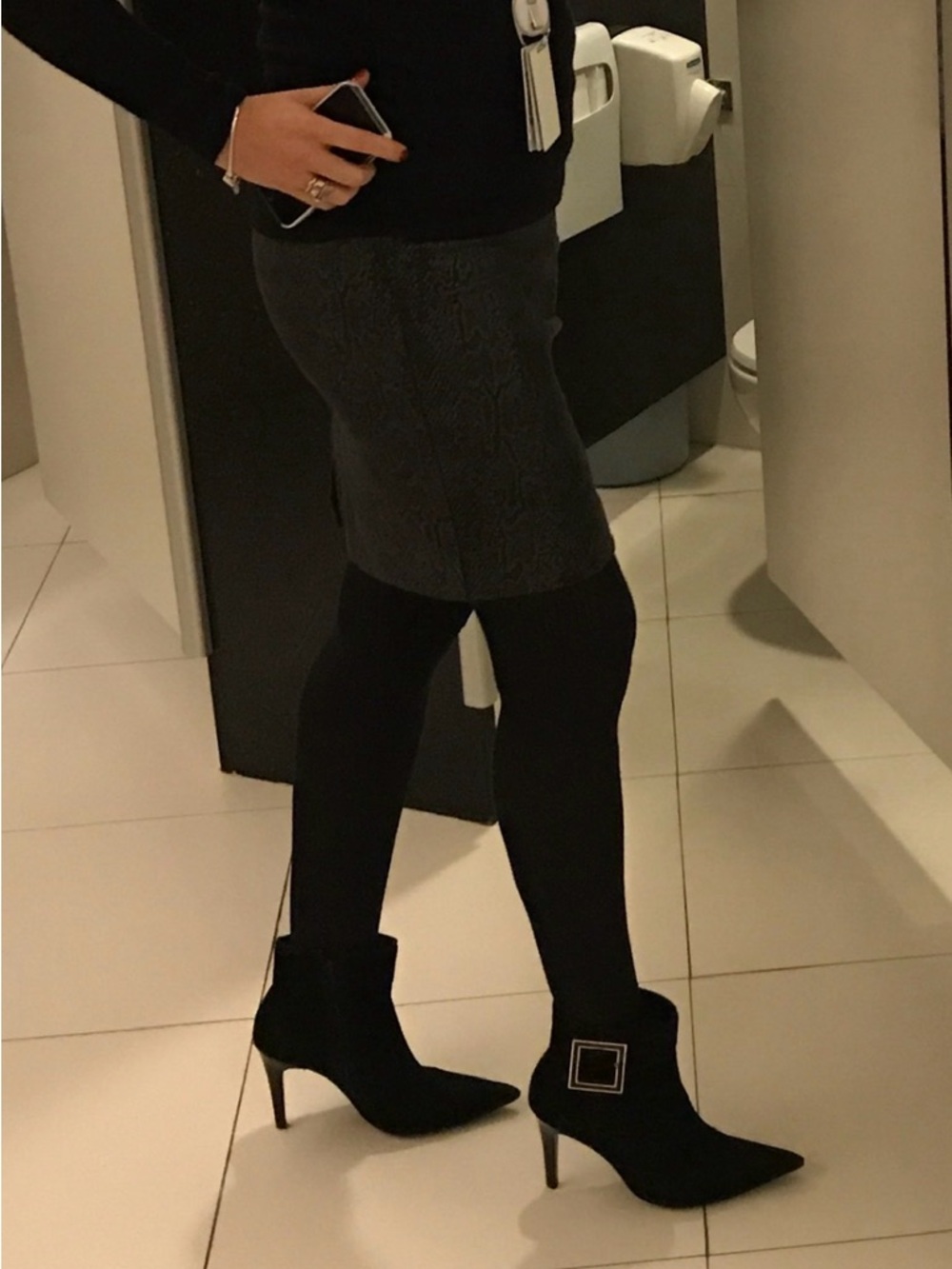 Black Pointed Toe Ankle Booties with Square Buckle